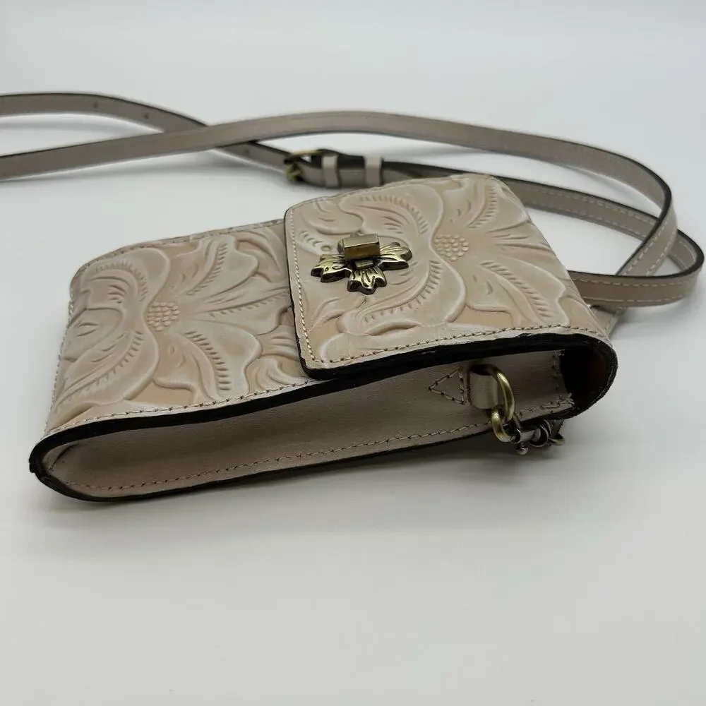 Patricia Nash Phone Crossbody Bag Case Brown Tooled leather Cream Nude Sand